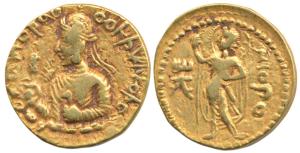 Kushanas, Huvishka, (AD 152-192), Gold Dinar, obv. nimbate, diademed and crowned half-leng