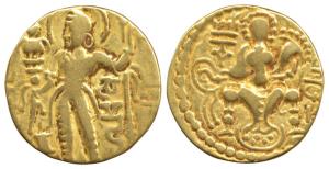 Guptas, Samudragupta (AD 335-380), Gold Dinar, Standard type, obv. king nimbate standing l