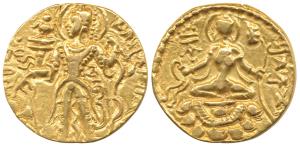 Guptas, Chandragupta II Vikramaditya (AD 380-413), Gold Dinar, Archer type, obv. king nimb