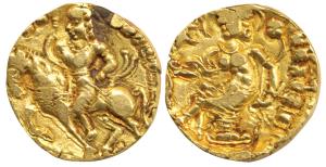 Guptas, Chandragupta II Vikramaditya (AD 380-414), Gold Dinar, Horseman type, obv. king ri