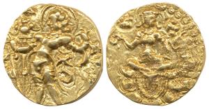 Guptas, Kumaragupta I (AD 414-455), Gold Dinar, Archer type, obv. king with nimbus standin