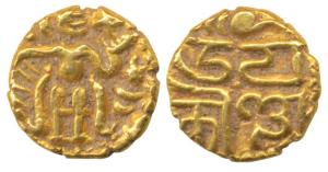Imperial Cholas, RajaRaja I (AD 985-1014), Gold Fanam, obv. king standing looking right, r
