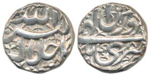 Akbar, Silver Rupee, Srinagar Mint, Allahu Akbar type, Illahi x8, Month Farwardin (KM 93.1