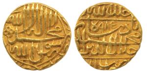 Akbar, Gold Mohur, Agra Dar ul Khilafat Mint, Kalima type, AH 985, mint name at bottom (KM