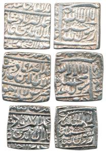 Akbar, Silver Square Rupee (3), Ahmedabad, Fathpur and Lahore Mints (KM 82.1, 82.2 & 82.5)