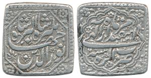 Jahangir, Silver Square Rupee, 10.87 g, Agra Mint, Nur ud din type, ornamental on both sid