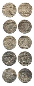 Amritsar Mint, Silver Rupees (5), Gobindshahi couplet and Pipal leaf, VS 1885, with differ