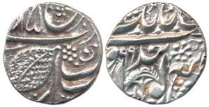 Amritsar Mint, Silver ½ Rupee, with Chhatra (royal umbrella), VS 1885, yr 99. (KM 19.3c). 