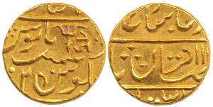 Jankoji Rao, Gold Mohur, Lashkar Mint, in the name of Shah Alam II, RY 2; inverted bow and