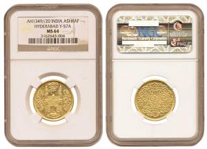 Mir Usman Ali Khan (AH 1329-1368, AD 1911-1948), Gold Ashrafi, Charminar on obv., AH 1349/