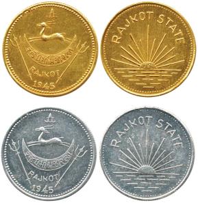 Dharmendrasinghji (AD 1930-1948), Restrike Gold Mohur, 7.97g, AD 1945 (KM Y#1); Silver Res