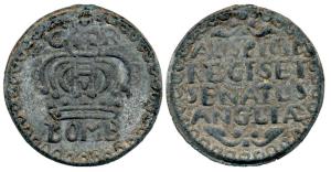 Bombay Tin 2 Pice, 28.38 g, AD 1741 issue, large Crown and BOMB below on obv., Latin inscr