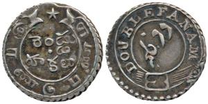 Silver Double Fanam, 2nd Series, buckled garter on obv.; ribbon and star on rev. tri-lingu