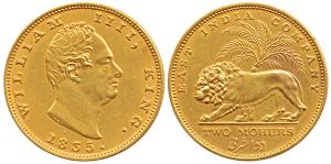 William IV, Gold 2 Mohurs, 1835, Calcutta Mint, R. S. initials incused on truncation, lion