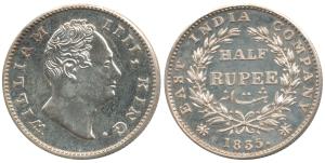 William IV, Proof Silver ½ Rupee, 1835, F Raised on truncation. Proof Restrike, Very Rare.