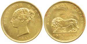 Victoria Queen, Gold Mohur, Continuous legend, 1841, Calcutta Mint (KM 461.2). Extremely f
