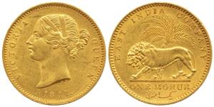 Victoria Queen, Gold Mohur, Divided legend, 1841, WW incused on truncation. Extremely Fine