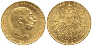 Austria, Gold 100 Corona, 1915, 34 g, bust of Franz Joseph I, (KM 2819). Restrike, Uncircu