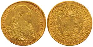 Columbia, 8 Escudos 1818, NRJF (Nuevo Reino Mint) 27 g, (KM 66.1). Small nick on rev. Abou