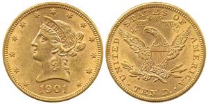 USA, Gold 10 Dollars, 16.67 g, 1901, Liberty Head on obv. Very Fine+ and better, Scarce.