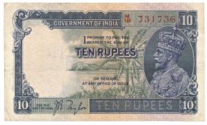 George V, Rupees 10, 3rd issue, 1933, signed J.B. Taylor, thin paper (Jhun # 8.1A). Very F