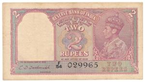 George VI, Rupees 2, 1943, signed C. D. Deshmukh, prefix F (Jhun # 2.2). Very Fine+.
