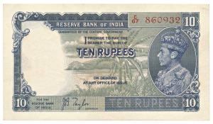 George VI, Rupees 10, 1st issue, signed J.B. Taylor, (Jhun # 5.1). Uncirculated.