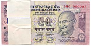 Rupees 50, 2008, signed Y. V. Reddy, fancy numbers, bundle starting with 000001 to 000100.