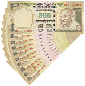 Rupees 500, 2008, signed Y. V. Reddy, set of 10 fancy numbers, 100000-1000000. Uncirculate