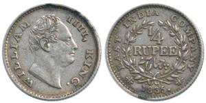 William IV, Silver ¼ Rupee, 1835, Calcutta Mint, 'F' raised, 18 Berries, dot after date. A