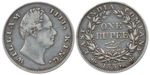 William IV, Silver Rupee, 1835, Calcutta Mint, obv. A, rev. I, 'F' raised. Fine+, Rare.