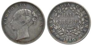 Victoria Queen, Silver ½ Rupee, 1840, continuous legend, Calcutta Mint, no initials, Engli