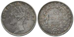 Victoria Queen, Silver Rupee, 1840, continuous legend, Calcutta Mint, English head, 35 Ber