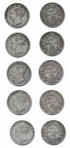 Victoria Queen, Silver Rupee (5), 1840, continuous legend, Calcutta Mint, obv. English hea