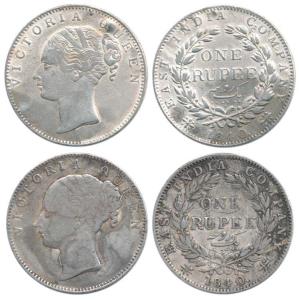 Victoria Queen, Silver Rupee (2), 1840, continuous legend, Calcutta Mint, obv. English hea