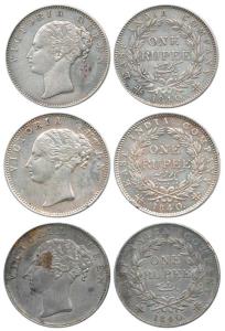 Victoria Queen, Silver Rupee (3), 1840, Calcutta Mint, obv. Short Neck, English head, rev.