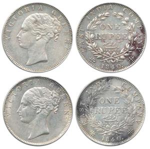 Victoria Queen, Silver Rupee (2), 1840, continuous legend, obv. English Head, rev. with cr
