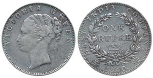 Victoria Queen, Silver Rupee, 1840, continuous legend. About Very Fine. Scarce.