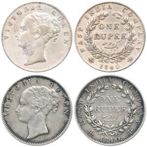 Victoria Queen, Silver Rupee (2), 1840, continuous legend, obv. 'S' incuse, rev. with rais
