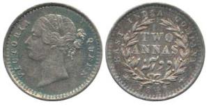 Victoria Queen, Silver 2 Annas, 1841, divided legend, Calcutta Mint, WW raised, Rev. 9 Ber