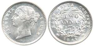 Victoria Queen, Silver 2 Annas, 1841, divided legend, (KM 460.2). Gem Brilliant Uncirculat