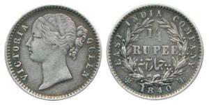 Victoria Queen, Silver ¼ Rupee, 1840, divided legend, Calcutta Mint, WW raised, Rev. 10 Be