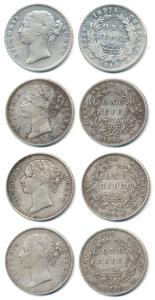 Victoria Queen, Silver Rupee (4), 1840, divided legend, Calcutta Mint, obv. W / W / raised
