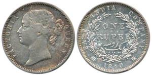 Victoria Queen, Silver Rupee, 1840, divided legend, Madras Mint, WWB raised, 28 Berries. F