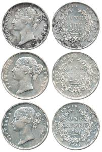 Victoria Queen, Silver Rupee (3), 1840, divided legend, obv. WW raised, rev. 28 Berries. V