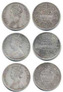 Victoria Queen, Silver Rupee (3), Calcutta Mint, A / I / 0 / 0 with crescent and 'V'. Abou