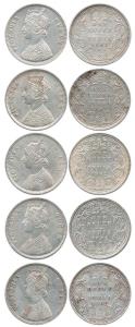 Victoria Queen, Silver Rupee (5), 1862, A / I / 0 / 0. Varieties with crescent and without