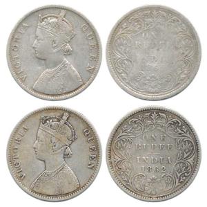 Victoria Empress, Silver Rupee (2), 1862, A / III / 0 / 0 and B / III / 0 / 0. Good + to F