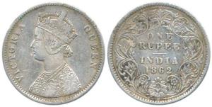 Victoria Queen, Silver Rupee, 1862, Calcutta Mint, A / III / 0 / 0. About Very Fine, Rare.