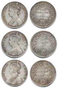 Victoria Queen, Silver Rupee (3), 1862, Bombay Mint, B / II / 0 / 0, Queen's Bodice Embroi